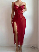 Sheer red lace-detail maxi dress with thigh-high slit in mesh lingerie sets