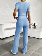Light blue langry fashion two-piece loungewear set with short-sleeved top and wide-leg pants