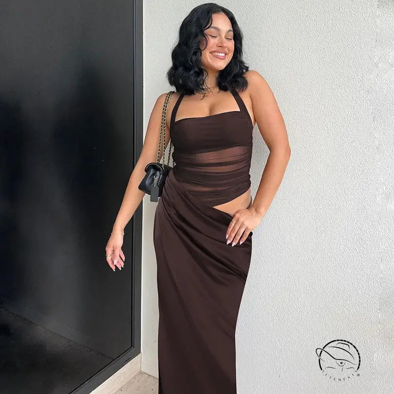 Stunning brown halter split maxi dress with neckline detail