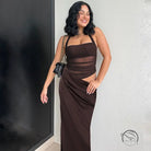 Stunning brown halter split maxi dress with neckline detail