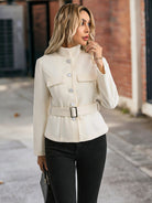 Cozy langry fashion belted woolen coat in cream with silver buttons