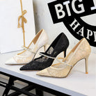Langry fashion mesh rhinestone pearl strap stiletto high heels with gold lace accents