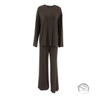 Dark brown knitted round neck long-sleeved loose pajama set with wide-leg pants for women