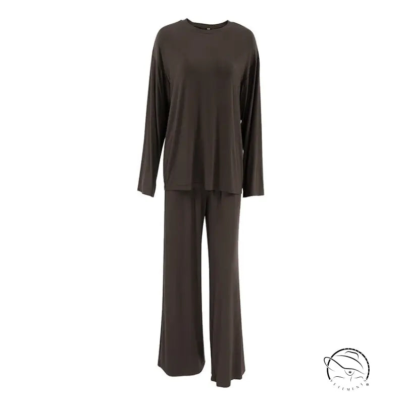 Dark brown knitted round neck long-sleeved loose pajama set with wide-leg pants for women