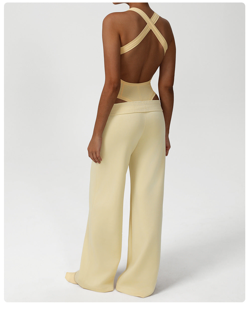 Cream-colored Langry fashion jumpsuit with crisscross back and wide-leg pants
