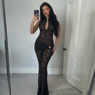 Langry fashion black lace bell-sleeve dress with plunging neckline and flared skirt in slim fit micro pull jumpsuit style