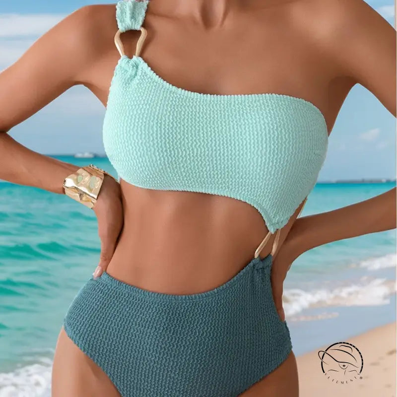 Stunning hollow out mint green and teal textured one-piece swimsuit