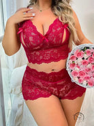 Red lace underwear corset two piece suit with floral pattern