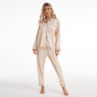 Elegant beige satin langry pajama set with black piping, fashion homewear