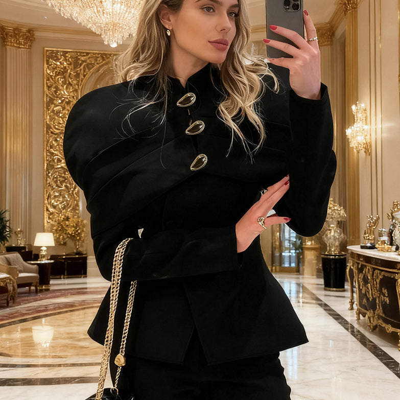 Langry fashion black peplum blazer with gold buttons and chain detail