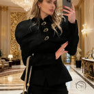 Langry fashion retro black slim peplum blazer with gold buttons and chain detail