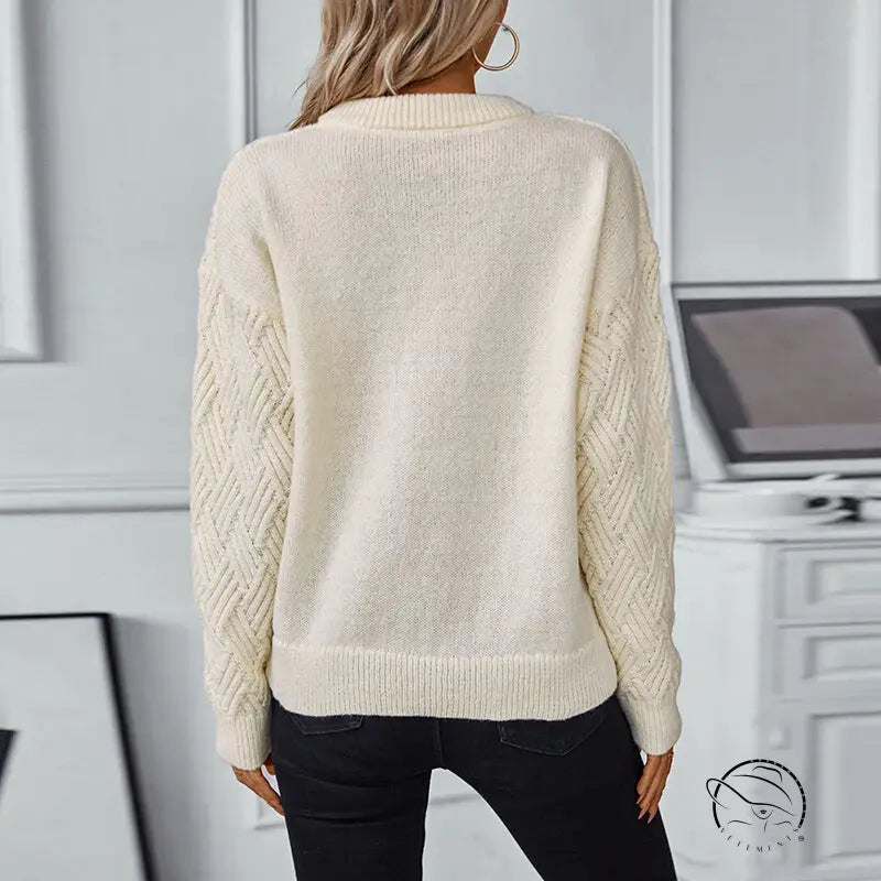 Winter retro crew neck knitwear with cream cable texture