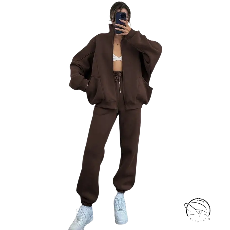 Comfy stand collar cardigan sweater suit in brown oversized style