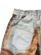 Casual dirty denim pants with light-colored jeans and brown leather patches