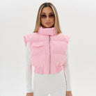 Pink Langry puffer vest with high collar, zipper, and pocket for warm fashion