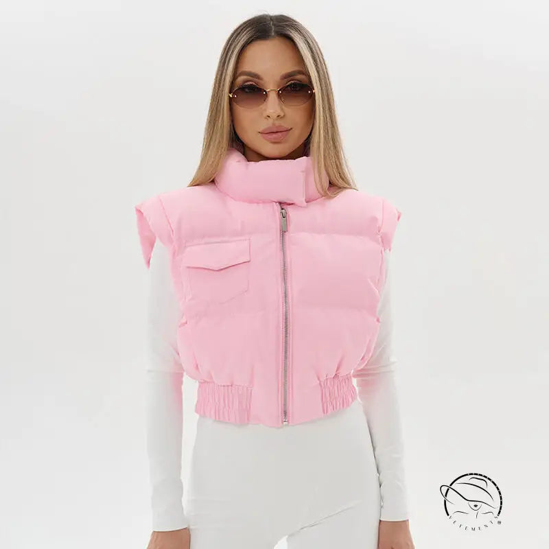 Langry fashion pink puffer vest with high collar and zipper