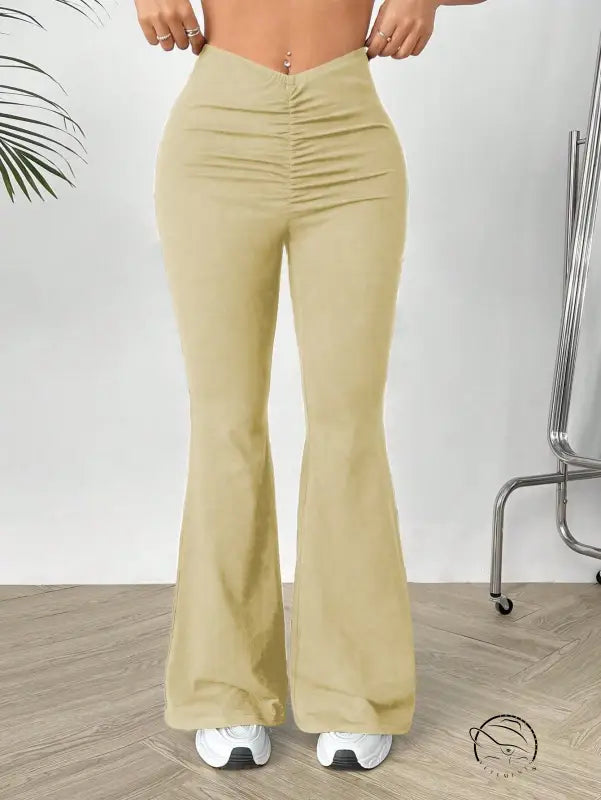 Women’s high-waisted V shaped waist slimming bootcut trousers in beige
