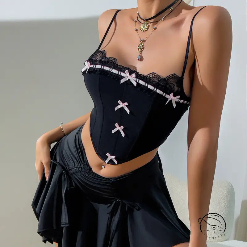Black low cut lace bow corset vest with pink bows