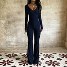 Navy blue langry fashion jumpsuit with deep v-neck and flared legs