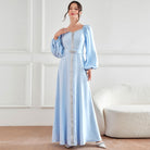 Elegant langry high waist light blue satin fashion gown with bell sleeves and beaded neckline
