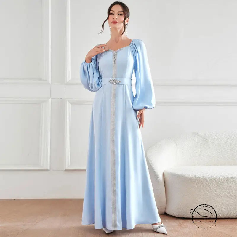 Elegant langry fashion light blue satin gown with bell sleeves and beaded neckline