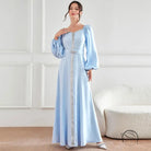Elegant light blue satin langry fashion gown with bell sleeves and beaded neckline