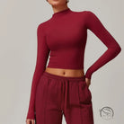 Burgundy long-sleeved quick drying fitness crop top with mock neckline