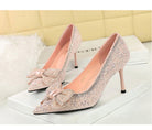 Glittery pink Langry fashion stiletto pump with bowknot rhinestone detail