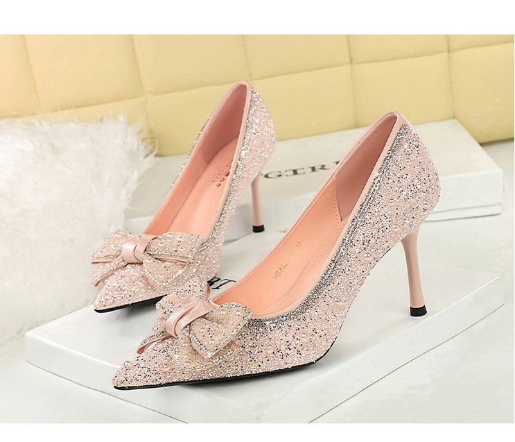 Glittery pink Langry fashion stiletto pump with bowknot rhinestone detail