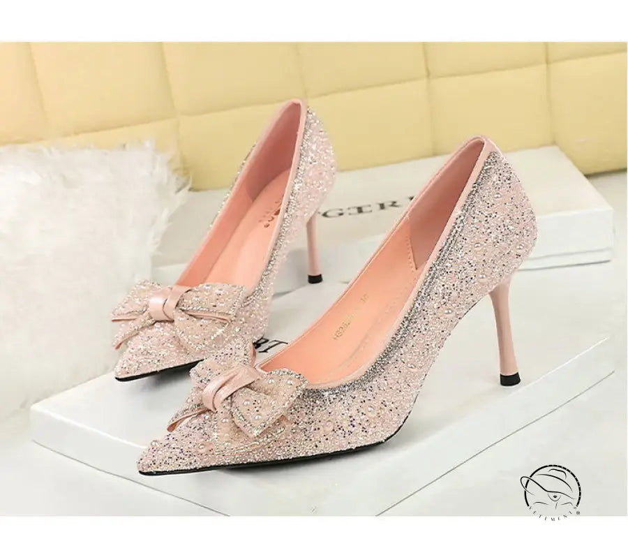 Glittery pink Langry fashion stiletto pump with bowknot rhinestone detail