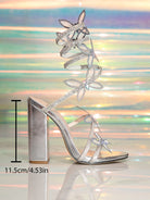 Langry fashion silver one-strap open toe rhinestone high heel sandal with floral embellishments and chunky heel
