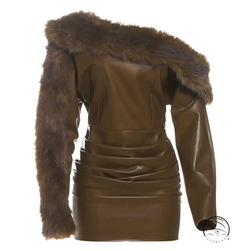 Olive green faux leather langry fashion dress with fur trim