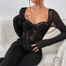 Black lace grenadine boning slim fit corset with sheer sleeves and bow detail