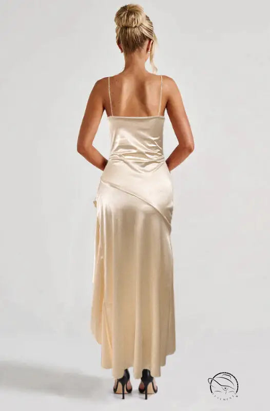 Champagne satin langry formal dress with ruched bodice and high-low hem