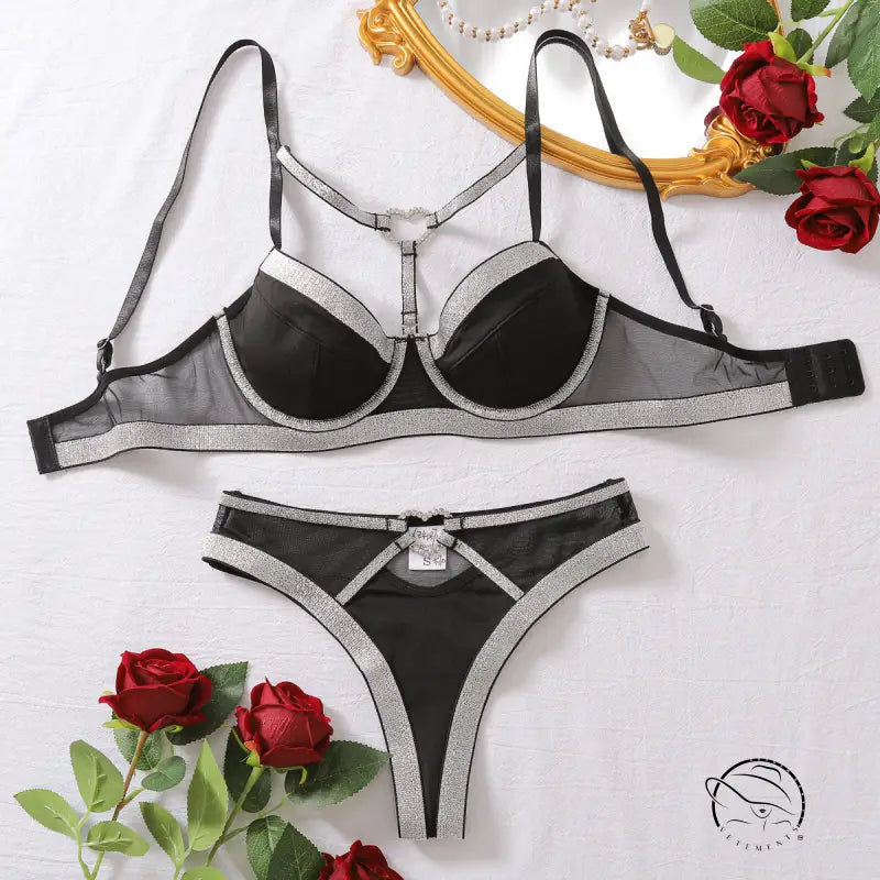 Black and silver love ring buckle bra set with mesh plunge neckline