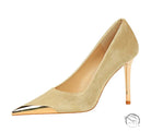 Beige suede langry fashion pump with gold toe cap and stiletto heel
