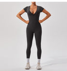 Sleek dark gray langry fashion yoga bodysuit with v-neck