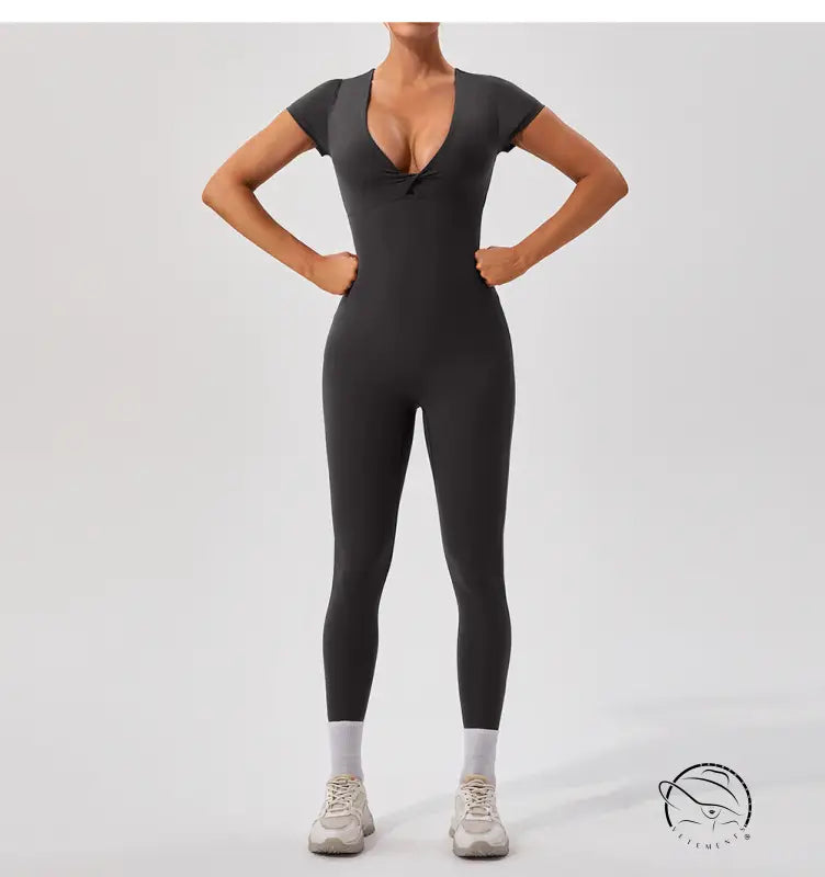 Sleek langry fashion yoga fitness one-piece bodysuit in dark gray