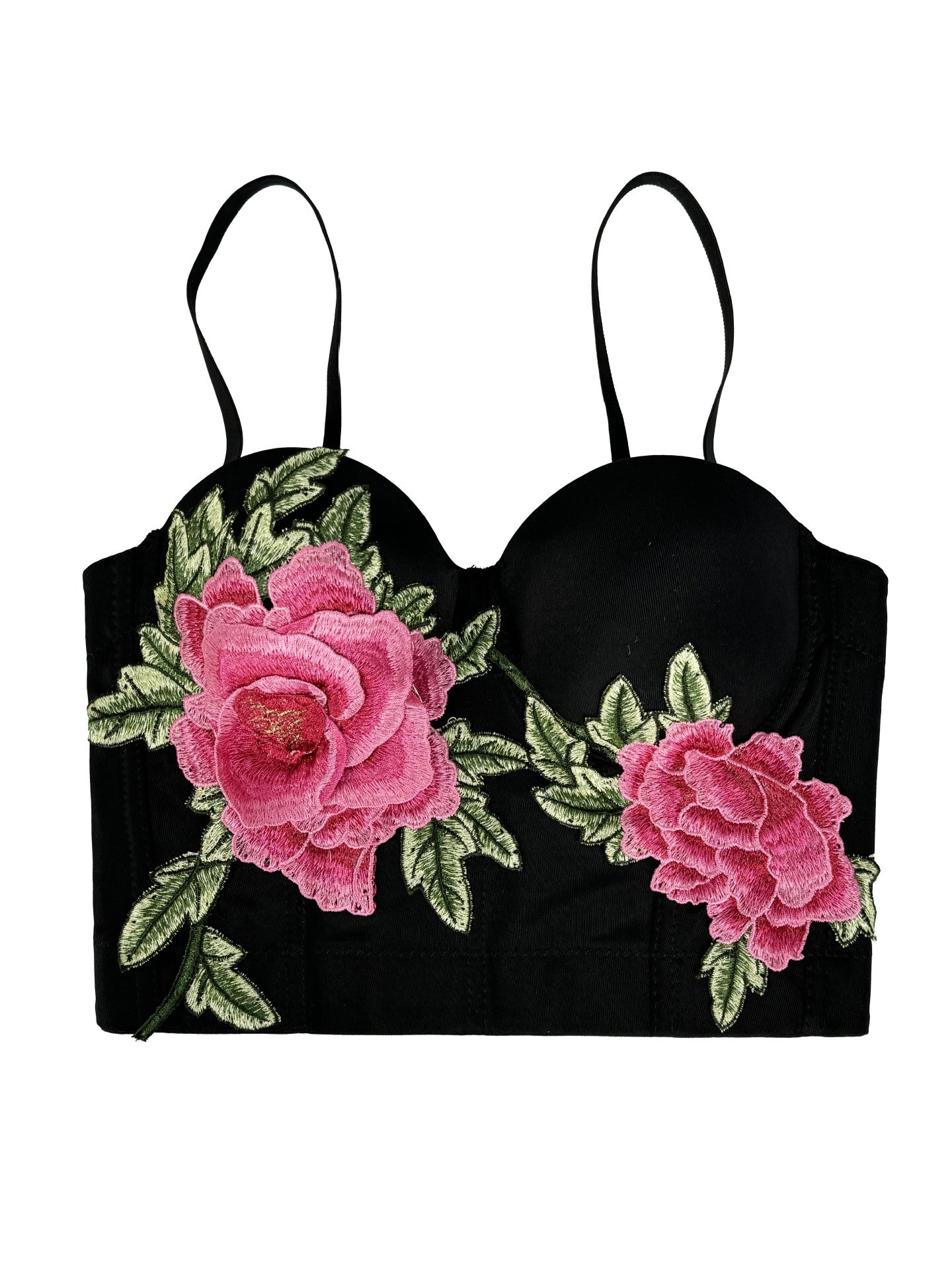 Black embroidered floral camisole top with pink roses and green leaves