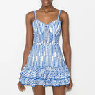 Blue and white paisley sundress with spaghetti straps in fashionable summer style
