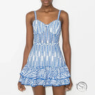 Blue and white paisley sundress with machine embroidery and waist slimming