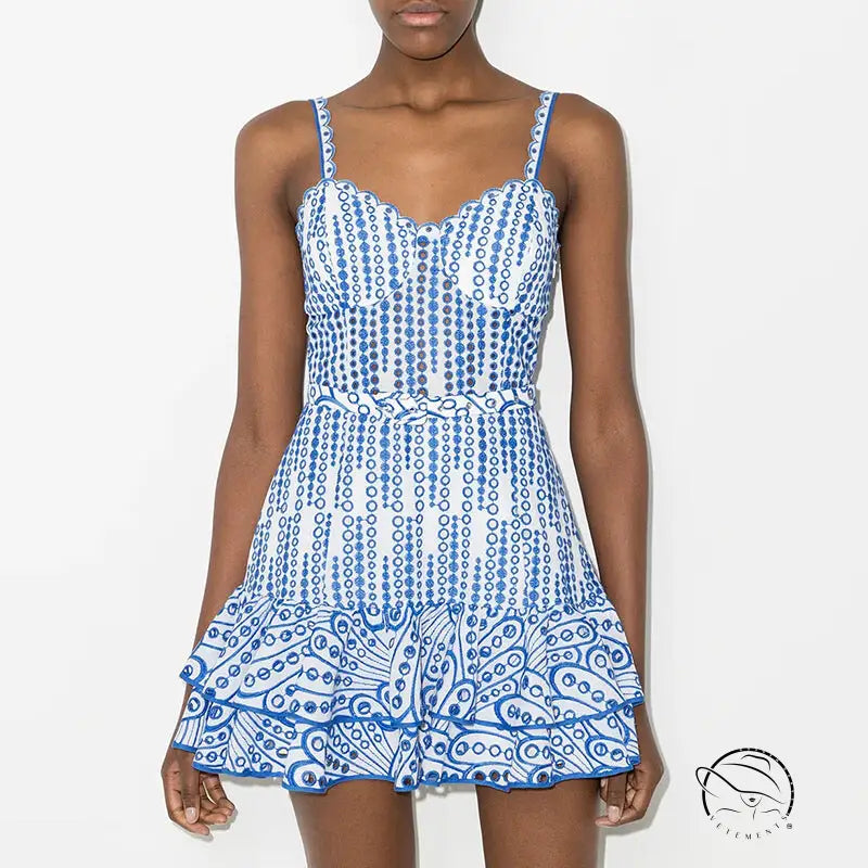 Blue and white paisley sundress with machine embroidery and waist slimming