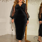 Elegant mesh long sleeve dress in black velvet with sheer polka dot sleeves