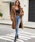 Modern retro Langry faux fur plush coat with tan textured pattern and wide collar