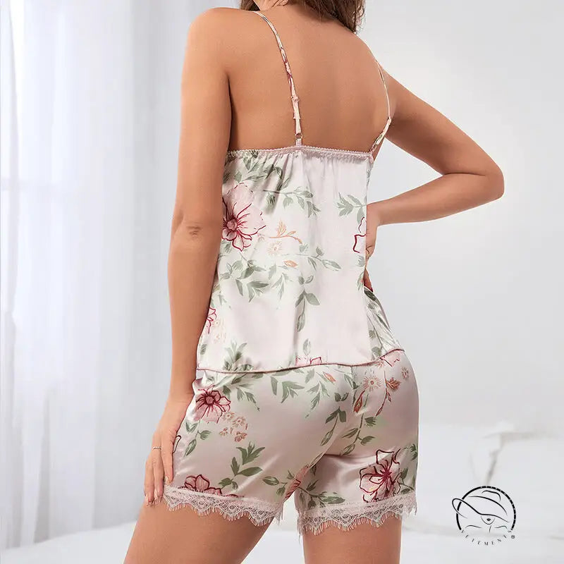 Comfy Beautiful Silk Nightgown in soft pink green floral satin with lace trim