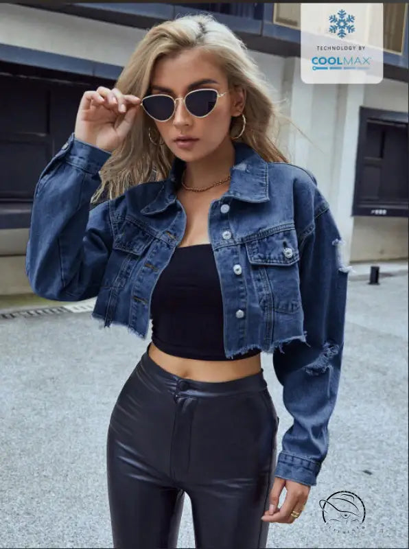 Woman in matching denim short coat, cropped dark wash with distressed details