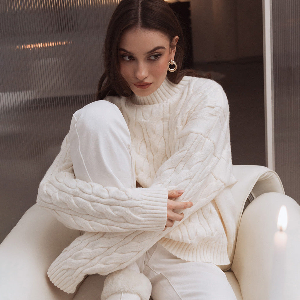 Langry fashion white cable knit sweater with high neckline