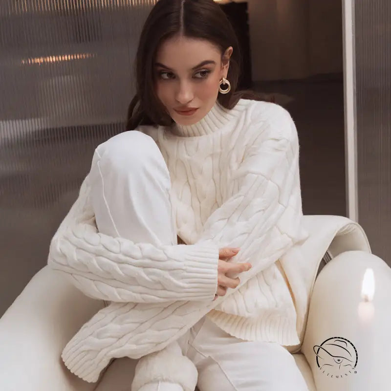 Winter loose knit sweater in white cable style, langry fashion ملابس