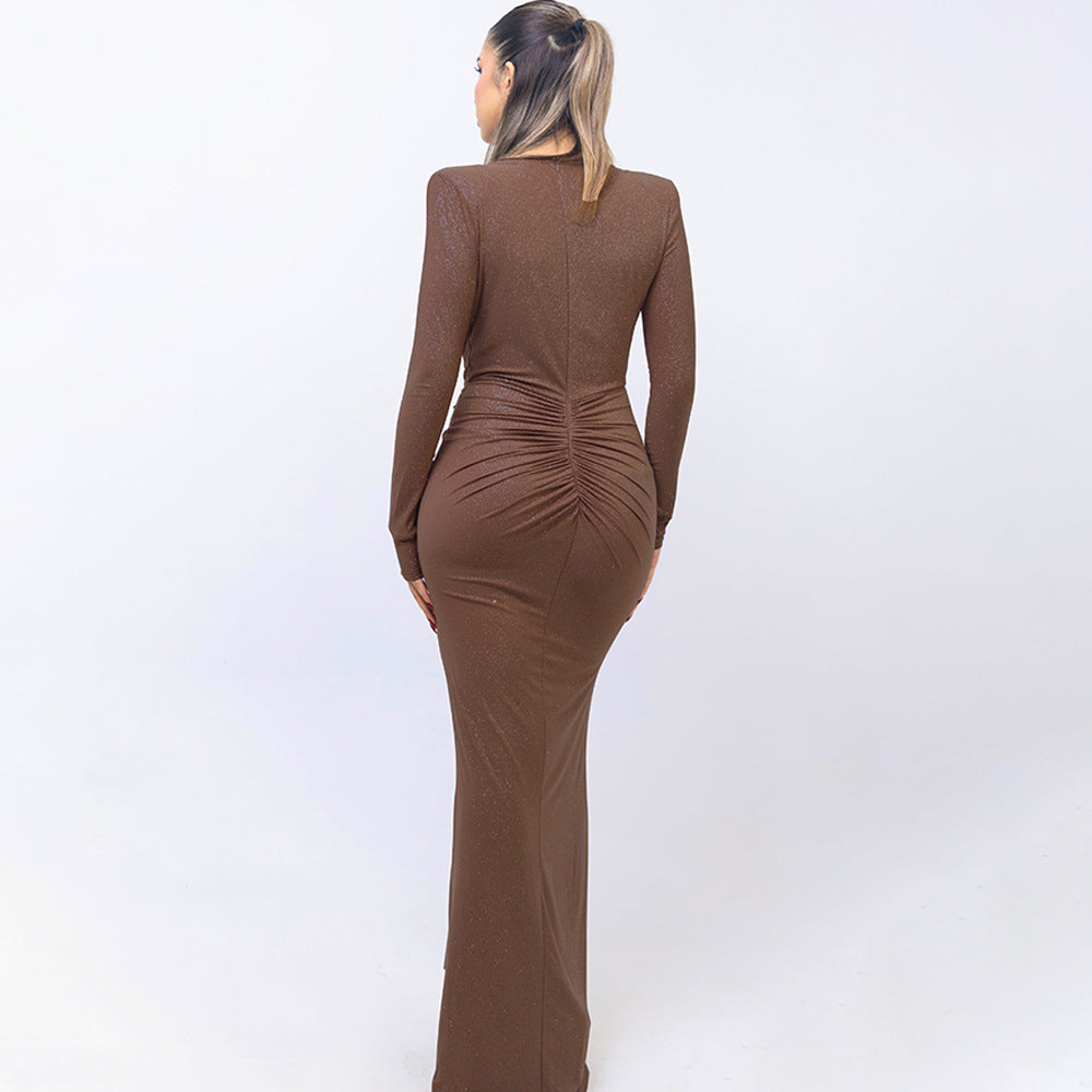 Brown long-sleeved maxi dress from Beautiful Slit Slim Fitting Dress, stylish langry fashion