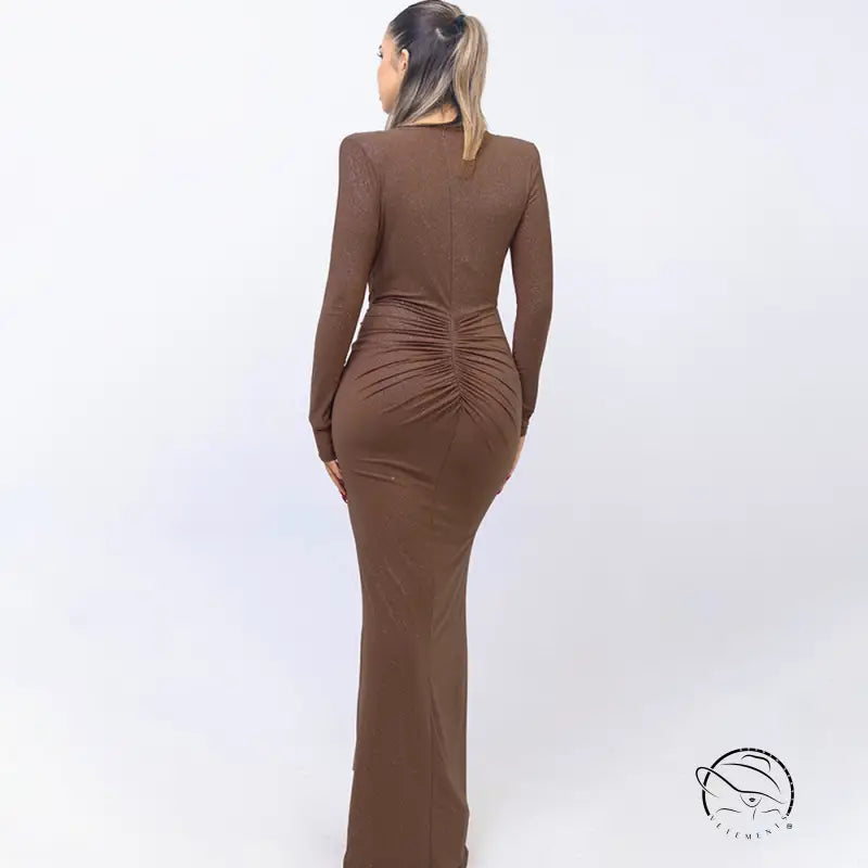 Beautiful slit slim fitting brown long-sleeved maxi dress